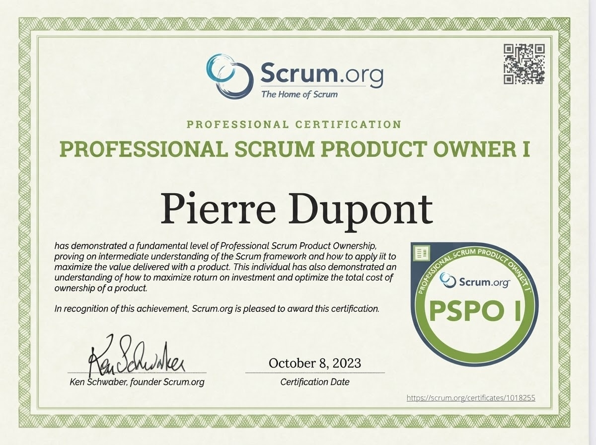Illustration d'un certificat Professional Scrum Product Owner I délivré par Scrum.org
